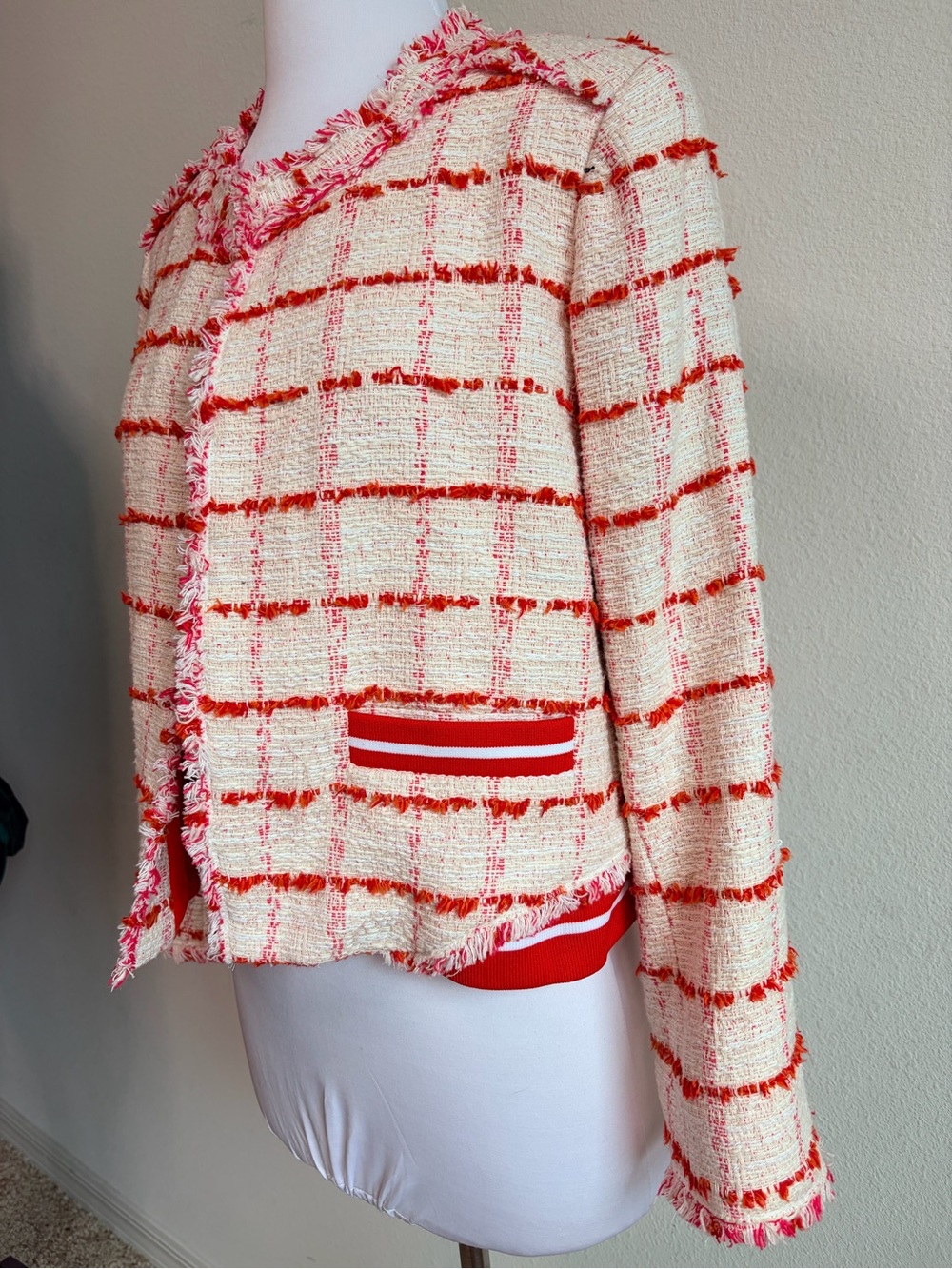 Pinko Cream and Coral Tweed Fringe Jacket - Picture 4 of 10